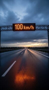 Highway glow at 100 km/h under dramatic skies.