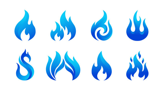 Set of modern blue flame icons, natural gas and clean energy vector symbols with smooth gradients