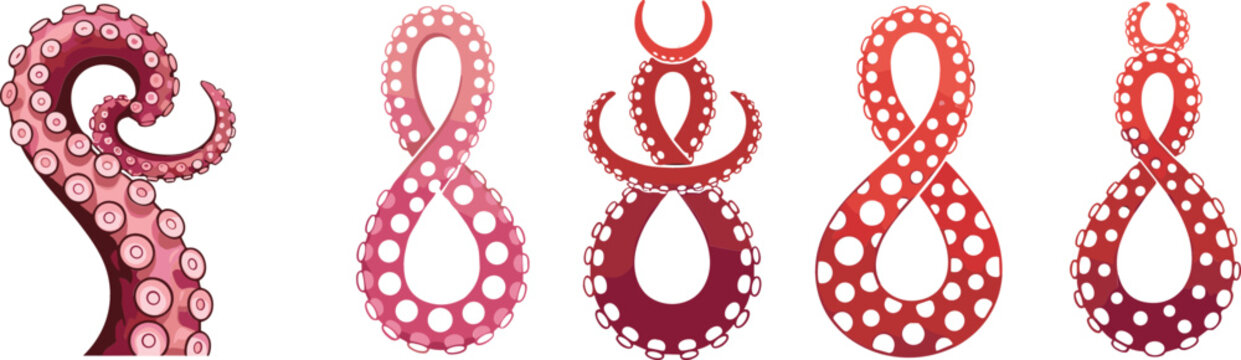 Octopus tentacles vector illustration set with stylized suction cups, marine sea creature elements, decorative underwater design collection isolated on white background