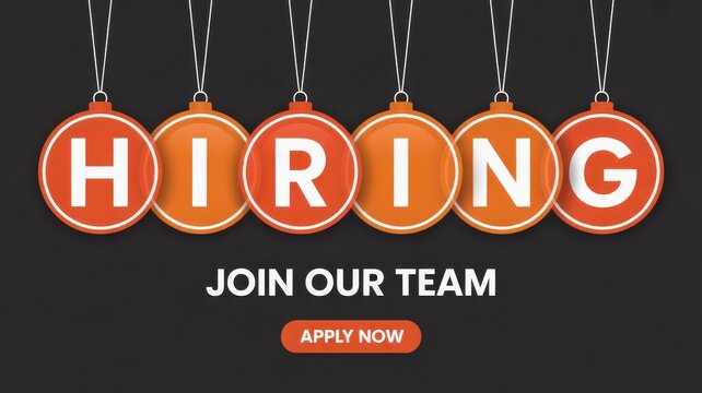Hiring join our team apply now with hanging orange circles on a dark background