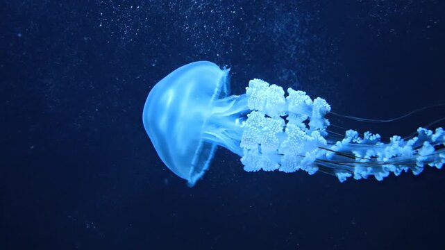Translucent pale blue jellyfish swimming horizontally through deep dark water with small bubbles. Detailed view of a marine medusa with frilled oral arms and a smooth bell.