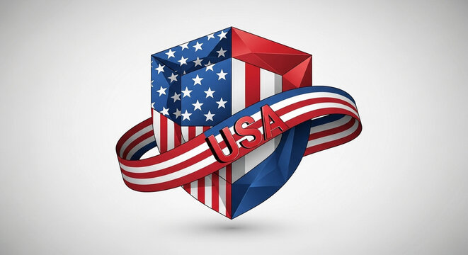 Abstract geometric cube emblem with USA flag pattern and red-white striped ribbon, symbolizing national pride and patriotism, rendered in a modern 3D style.