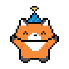 Obraz premium Pixel art cute orange fox with blue party hat illustration