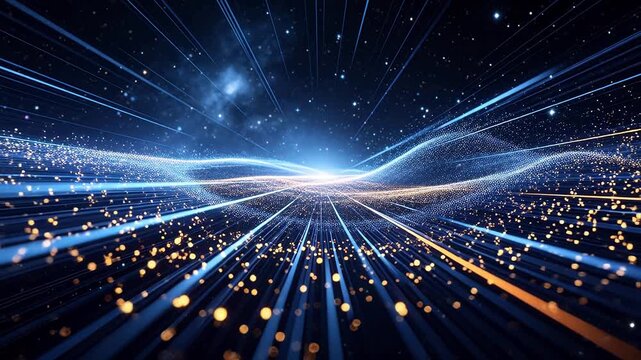 Radiating blue light beams with golden particles converging in center