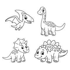 Set of Cute Cartoon Dinosaur Characters for Kids Coloring Book, Black and White Vector Illustration of Stegosaurus, Triceratops, Pterodactyl and Brontosaurus Outline for Education and Fun Activity © oktamaulana