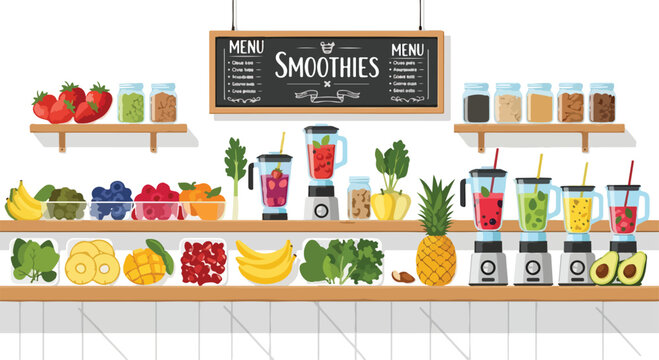A smoothie bar with blenders, fruits, and vegetables on wooden shelves