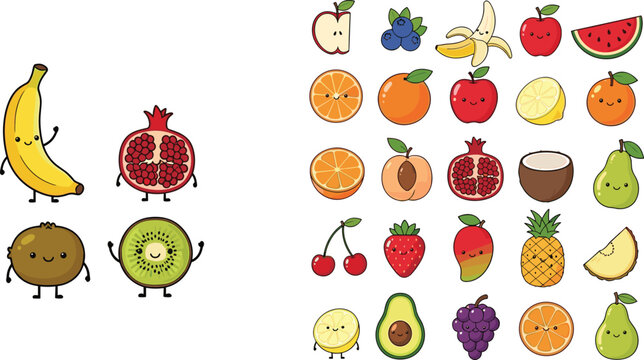 Cute cartoon fruits collection vector illustration with banana kiwi avocado pineapple watermelon and citrus characters colorful healthy food set
