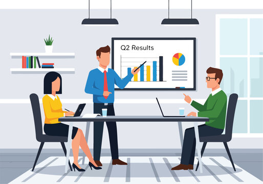 Business team meeting with Q2 results presentation