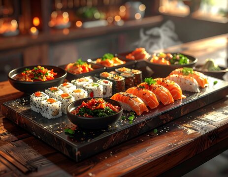 A large platter of fresh sushi rolls, salmon sashimi, and side dishes served on a wooden table in a dimly lit restaurant.