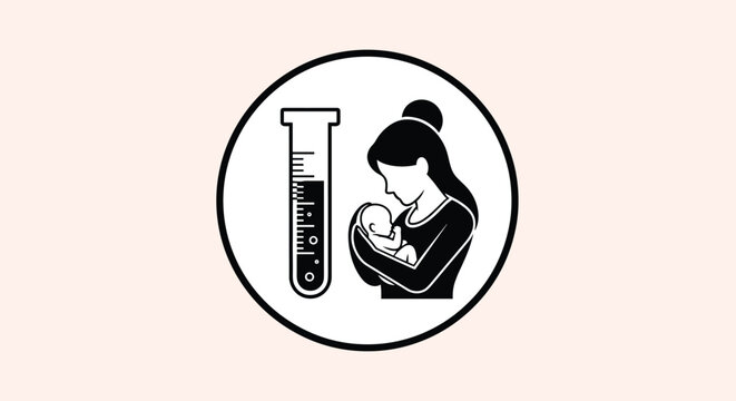 Stylized icon representing artificial insemination or in vitro fertilization with a woman holding a newborn baby and a lab tube.