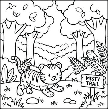 Bold and Easy Tiger Coloring Page - Cozy Moment Cute Kawaii Wild Animal Minimalist Line Art Vector Illustration for Adults and Kids Relaxing Activity Book Asset