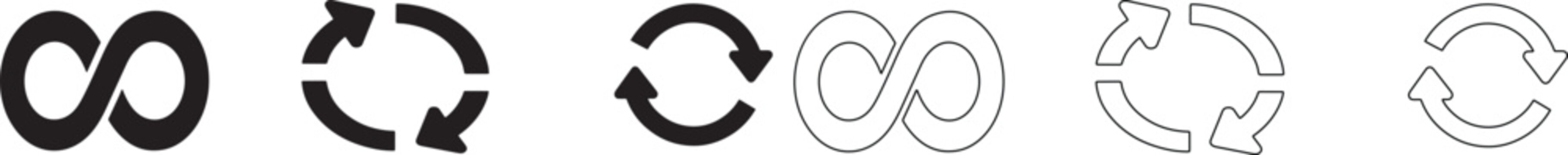Set of black and white infinity and circular refresh arrow symbols for loading, recycling, and continuous process