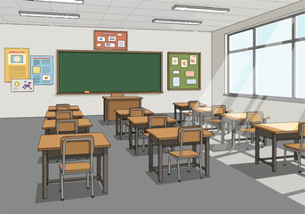 A typical classroom setting with desks and a blackboard © Noris