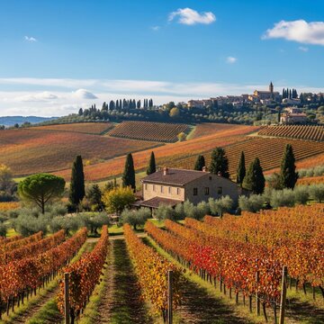 Golden Hour Vineyards: Autumn Hues Adorn Rolling Tuscan Hills