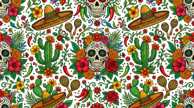 Seamless pattern with Mexican sugar skulls and traditional elements