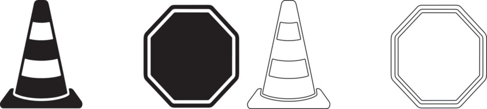 Set of traffic safety featuring solid and outline versions of traffic cones and octagonal stop signs