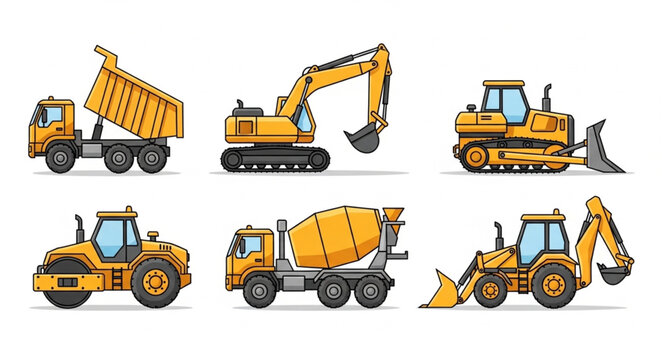 Collection of Yellow Construction Vehicles and Machinery.