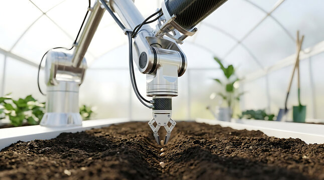 Robotic Precision in Agriculture: A robotic arm, the epitome of modern technology, meticulously cultivates soil in a greenhouse setting.