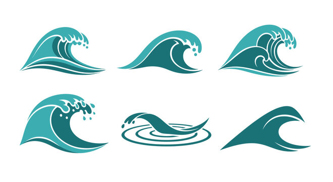 Ocean Wave Icons Set: Turquoise Sea Surfing and Water Splash Graphics
