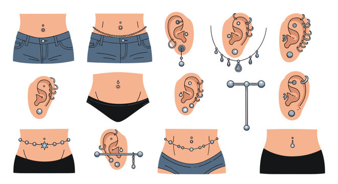 Comprehensive chart displays various types of body piercings including belly button jewelry, ear studs, and industrial bars.