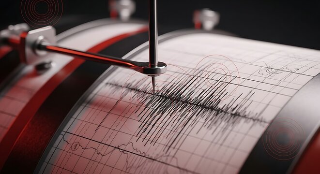 Extreme close up of seismograph needle recording earthquake seismic activity on paper graph with red circular warning zones
