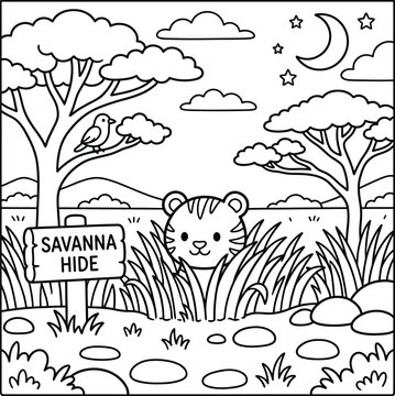 Bold and Easy Tiger Coloring Page - Cozy Moment Cute Kawaii Wild Animal Minimalist Line Art Vector Illustration for Adults and Kids Relaxing Activity Book Asset