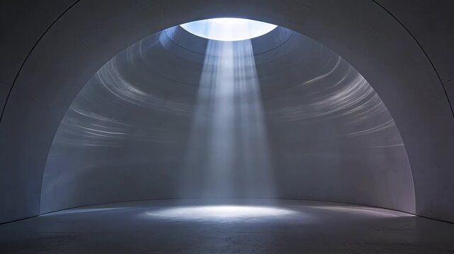 Minimalist white arched interior space with natural light from skylight