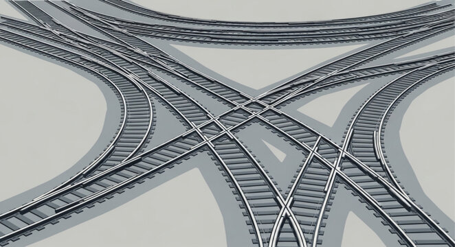 Complex railroad tracks intersection with multiple diverging paths.