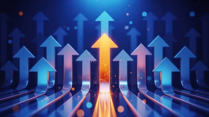 Bright Orange Arrow Leading Upwards Among Blue Arrows, Symbolizing Business Growth and Success
