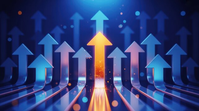 Bright Orange Arrow Leading Upwards Among Blue Arrows, Symbolizing Business Growth and Success