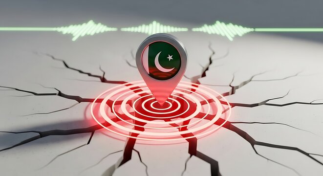 Earthquake epicenter location pin with Pakistan flag on cracked surface and digital seismic wave monitor for disaster report