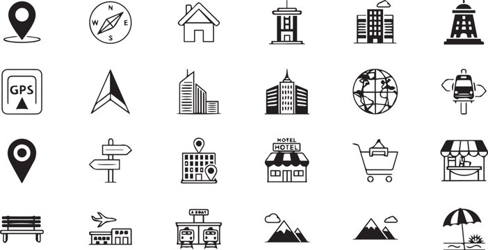 Navigation and Travel Icon Set, Location Pins, GPS, Maps, Buildings and Transport Vector Collection