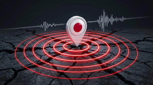 Earthquake epicenter location pin on cracked ground with Japan flag and seismic wave monitor for disaster alert notification