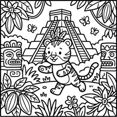 Bold and Easy Tiger Coloring Page - Cozy Moment Cute Kawaii Wild Animal Minimalist Line Art Vector Illustration for Adults and Kids Relaxing Activity Book Asset