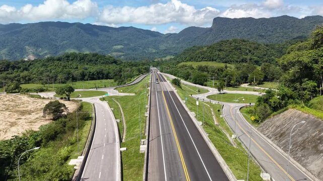 Drone view of the Southern Bypass of the Tamoios Highway, inaugurated in November 2024, which connects Caraguatatuba to S&atilde;o Sebasti&atilde;o - S&atilde;o Paulo, Brazil