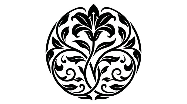 Sophisticated circular lily flower illustration with elegant botanical scrollwork pattern