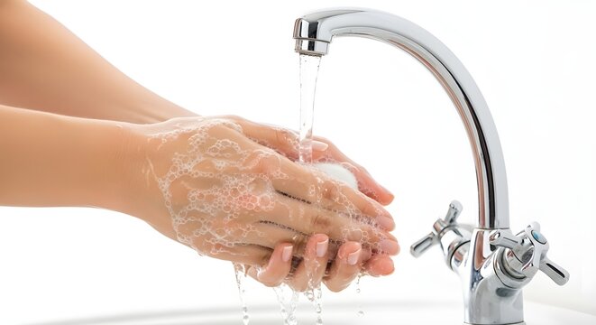 Female hands washing with soap under faucet, symbolizing proper hygiene, cleanliness, and daily health care routine.
