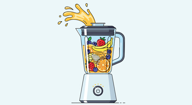 A blender with fruits and juice splashing out