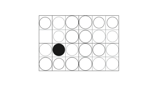 Isolated black circle among many empty white circles, concept of uniqueness