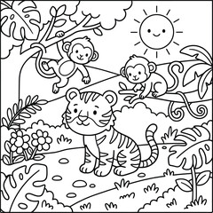 Bold and Easy Tiger Coloring Page - Cozy Moment Cute Kawaii Wild Animal Minimalist Line Art Vector Illustration for Adults and Kids Relaxing Activity Book Asset © Rs
