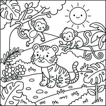 Bold and Easy Tiger Coloring Page - Cozy Moment Cute Kawaii Wild Animal Minimalist Line Art Vector Illustration for Adults and Kids Relaxing Activity Book Asset