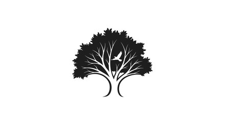 Silhouette of a majestic tree with a bird flying inside, symbolizing freedom and nature. © Ahda