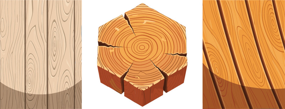 Set of detailed wood textures and tree trunk cross section vector illustration with natural rings grain patterns for design backgrounds and forestry themes