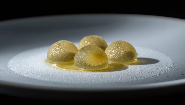 Yellow citrus gel spheres glistening on powdered sugar with soft shadow and dramatic lighting