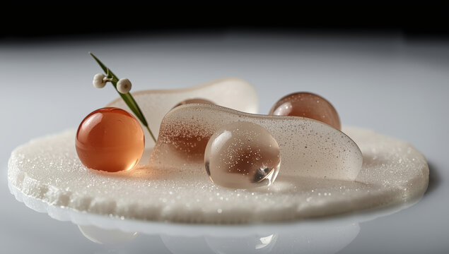 Delicate translucent dessert with glassy spheres and sugar foam adorned with berry stem