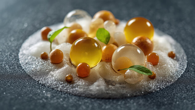 Golden citrus spheres and pearls on foamy plate with microgreen garnish