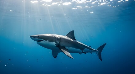 Naklejka premium A majestic shark gliding through the deep blue ocean, capturing the strength and mystery of marine predators.