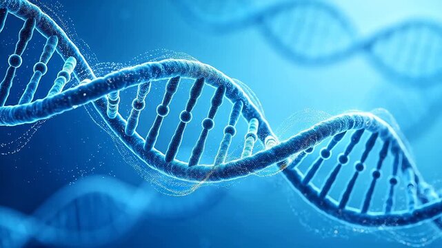 Blue DNA double helix structure with scientific visualization on gradient background