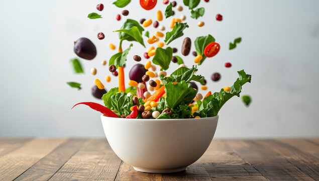 Fresh kale salad with flying beans, corn, cherry tomato, olive, pepper and leaves