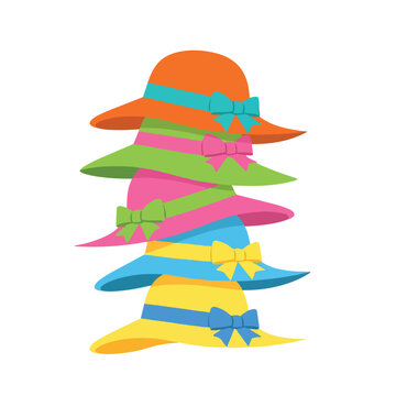 Colorful stack of bow-adorned hats in various hues